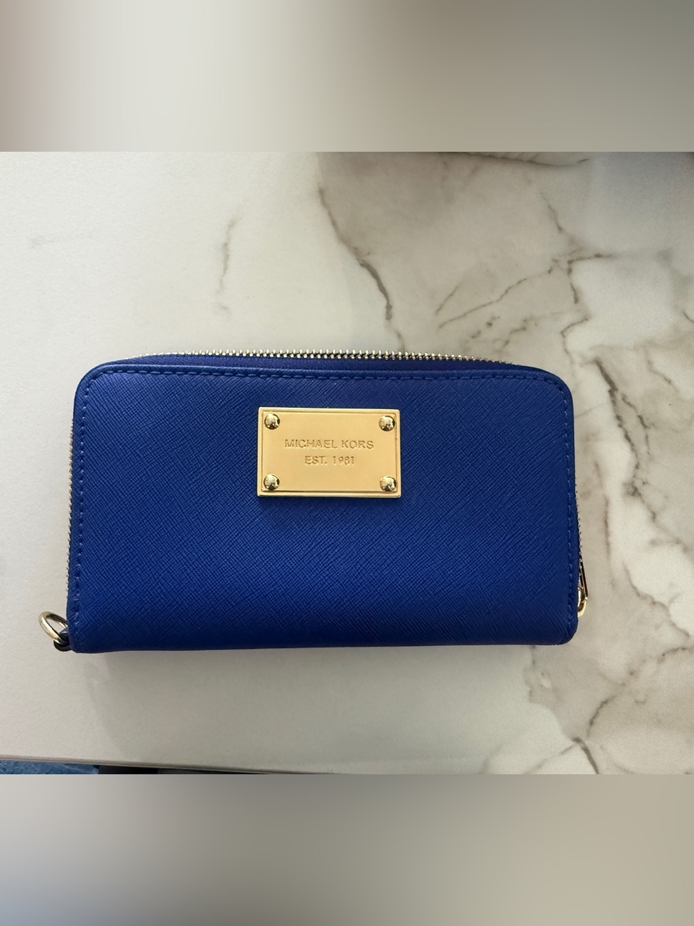 Michael Kors Royal Blue Saffiano Zip Wallet with Gold Plaque
